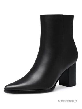 Women's Pointed Toe Chunky Heel Ankle Boots Comfortable Side Zip Booties